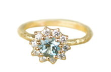 Vintage style hammered gold ring with aquamarine and accent diamonds