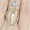 priestess gold ring with aquamarine, moon goddess talisman ring on hand