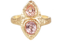 custom ring with peach sapphires in textured gold