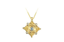 Light blue sapphire and diamonds mandala necklace, 10k gold