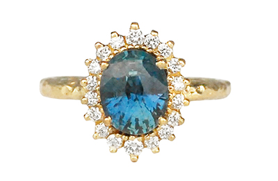 Teal sapphire ring with diamond halo, vintage style rosetta design frontal view