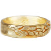 non-traditional Organic texture wedding band with sculpted golden leaves wreath relief, in profile