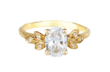 oval lab diamond ring with golden leaves