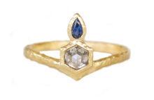 custom hexagon diamond and blue pear sapphire ring