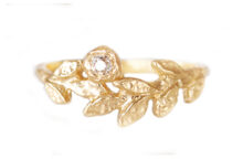 golden leaves ring with old mine cut diamond, alternative wedding band