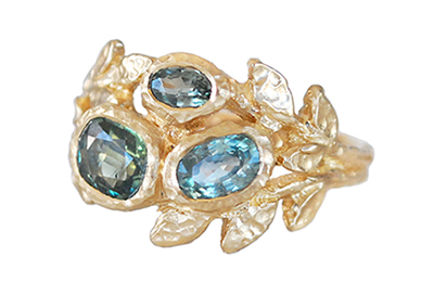 Custom Golden Leaves Ring with Green and Teal Sapphires